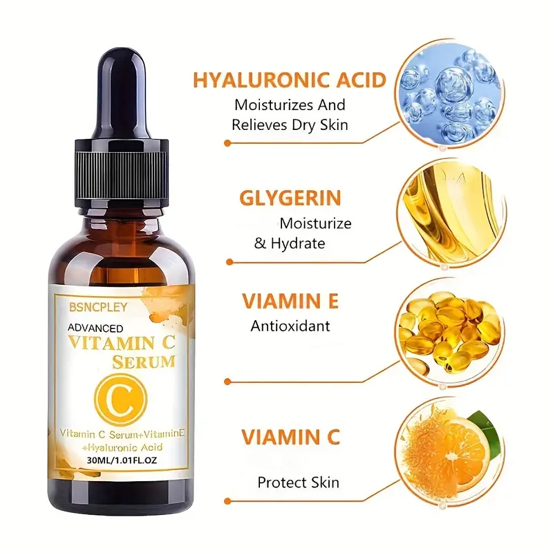 30 مل من مصل فيتامين سي للوجه، مرطب مرطب ومجدد للبشرة الناعمة، منتجات العناية بالبشرة الأصلية السائلة مع سكوالان النبات