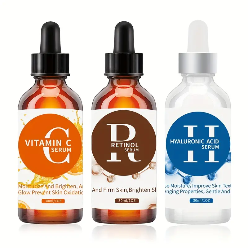 سيروم للوجه مكون من 3 قطع يحتوي على فيتامين سي / حمض الهيالورونيك / ريتينول، تعمل على تجديد البشرة وجعلها ناعمة ولامعة، تحسن مرونة البشرة، مناسبة للبشرة الجافة، مثالية للعناية اليومية بالبشرة
