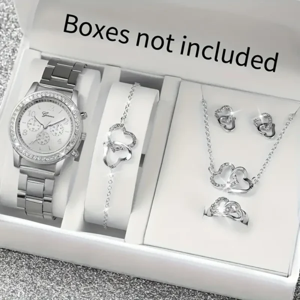 مجموعة أنيقة من 6 قطع للساعات الكوارتز النسائية ومجوهرات على شكل قلب - سوار من الفولاذ المقاوم للصدأ
