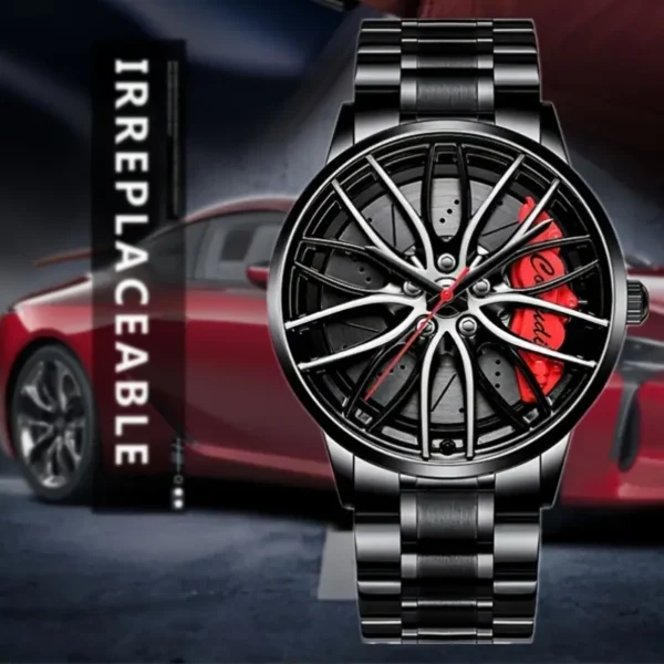 ساعة معصم كوارتز بتصميم عجلة سيارة مجوفة للرجال - تصميم عصري للأعمال العارضة والرياضة مع ميزات الوقت العالمي ومقاومة للماء