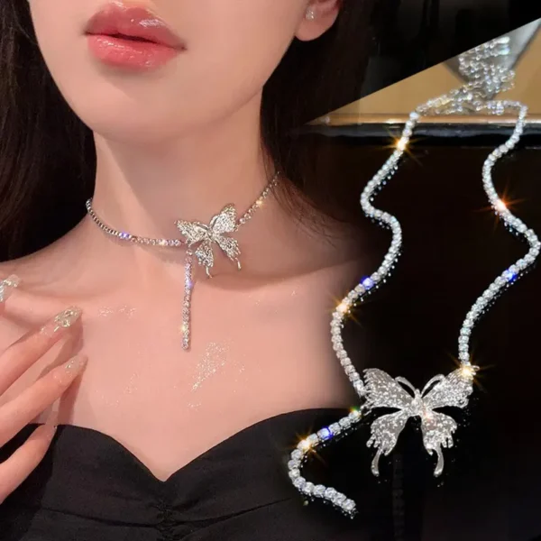 قلادة فراشة مرصعة بالراين الأنيقة قلادة سبائك فضية عصرية