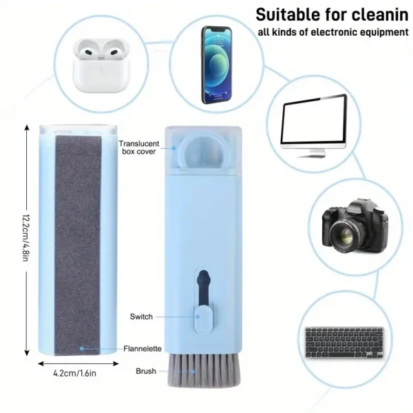 مجموعة تنظيف إلكترونية 7 في 1: محمولة لتنظيف الهواتف النقالة والكمبيوتر المحمول ولوحة المفاتيح والهاتف والآيباد وشاشة الكمبيوتر وسماعات الرأس مع فرشاة وقلم ورذاذ