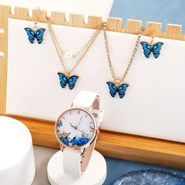 مجموعة ساعات نسائية بتصميم فراشة وأنيقة بخمس قطع، ساعة يد كوارتز عصرية وعقد مجوهرات