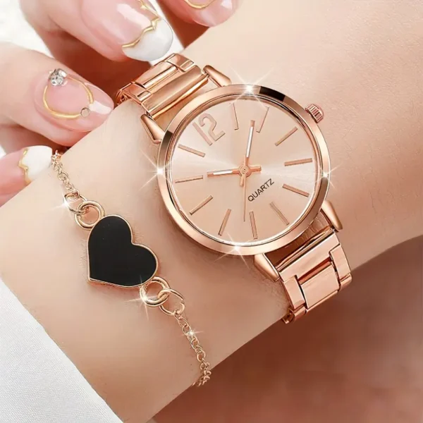 ساعة معصم كوارتز أنيقة مع مجموعة أسوار على شكل قلب، 2 قطعة