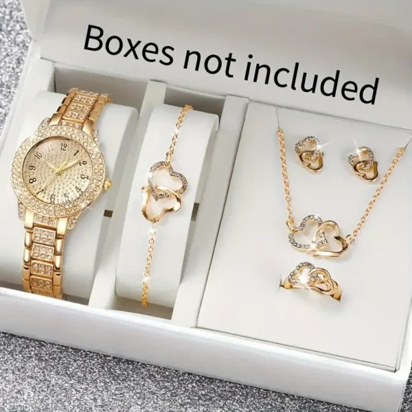 مجموعة ساعة ومجوهرات ذهبية مكونة من 6 قطع للنساء - عرض تناظري بحركة الكوارتز، حالة من الزنك مزينة بالراين الدائرية،