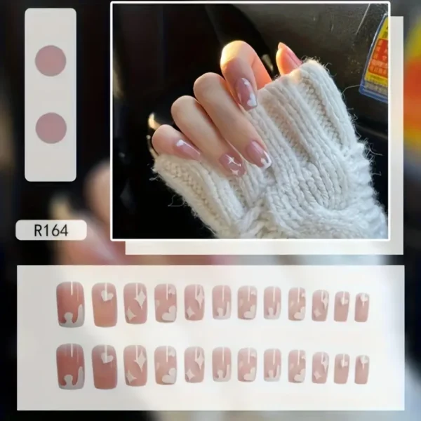 24 قطعة من الضغط على الأظافر باللون الوردي اللامع، أظافر صناعية على شكل قلب أبيض