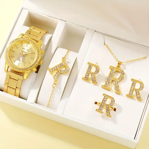 6 قطعة/المجموعة/المجموعة ساعة نسائية فاخرة حجر الراين ساعة كوارتز حرف R موضة التناظرية ساعة معصم ومجموعة مجوهرات
