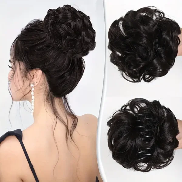 مشبك كليب أنيق للكعكة المجعدة - سكرانشي شينيون صناعي للنساء، متعدد الاستخدامات