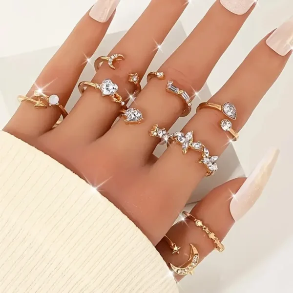 طقم خواتم بوهو شيك أنيق من 9 قطع مع حجارة الراين - تصاميم القمر، النجمة والأزهار للملابس الكاجوال والحفلات
