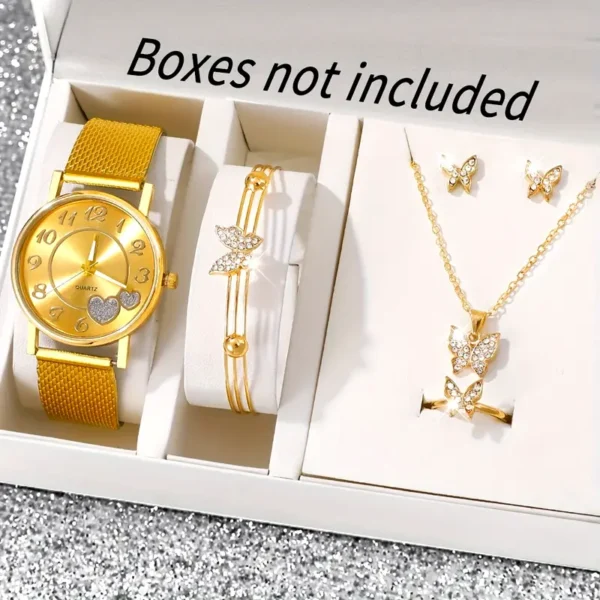 ساعة نسائية بتصميم قلب أنيق مع مجموعة مجوهرات فراشة ساحرة