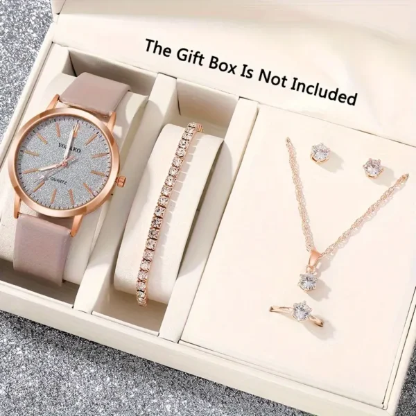 مجموعة ساعات نسائية لامعة من الكوارتز والجلد الصناعي مع مجوهرات،