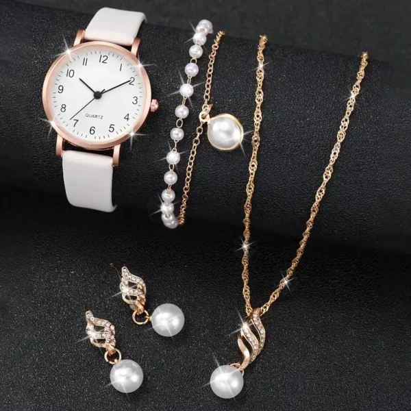 طقم ساعة كوارتز ومجوهرات نسائية أنيقة من 5 قطع