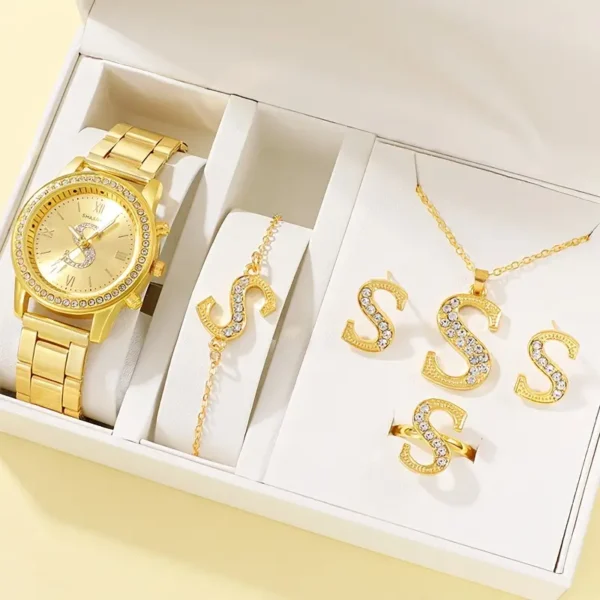 طقم 6 قطع ساعة نسائية فاخرة بالراينستون ساعة كوارتز حرف S ساعة معصم أنيقة ومجموعة مجوهرات
