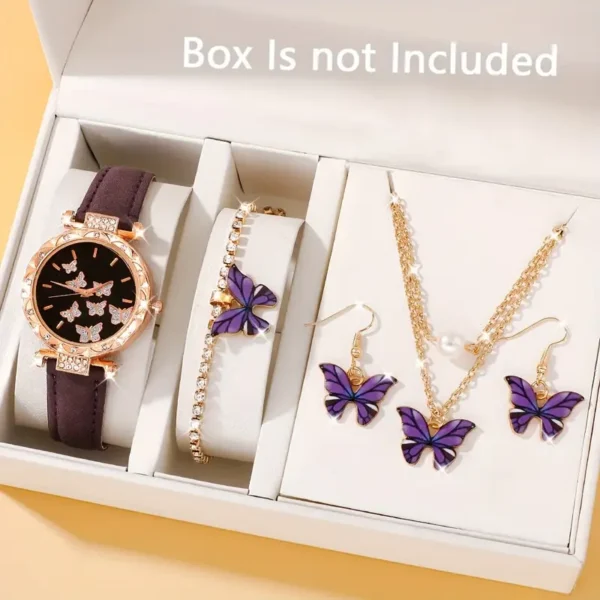 مجموعة ساعات كوارتز أنيقة مكونة من 5 قطع للنساء مع قلادة فراشة، سوار وأقراط - هدية فاخرة