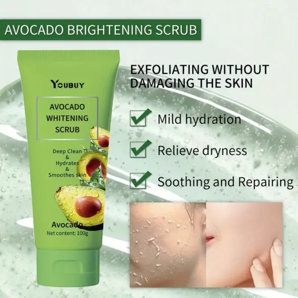 مقشر الأفوكادو المبيض 100 جرام - مقشر ومرطب للجسم لجميع أنواع البشرة بالجلسرين، تركيبة تنظيف عميقة، ترطيب خفيف، يخفف الجفاف، مهدئ ومعالج