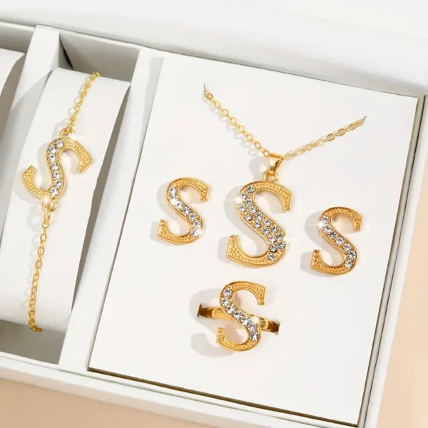 مجموعة مجوهرات فاخرة أنيقة مكونة من 5 قطع مع تصميم حرف S، مرصعة بالراين الاصطناعي،