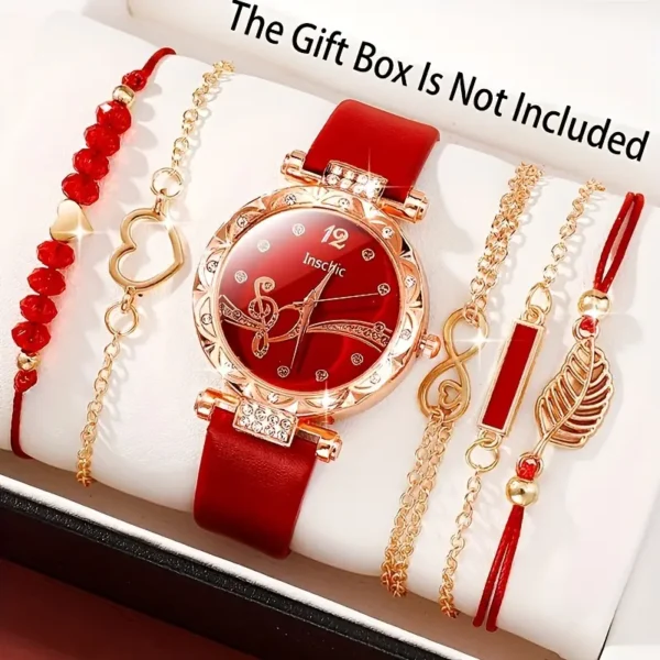 مجموعة أنيقة من 6 قطع للساعات الكوارتز النسائية والأساور الحمراء القابلة للتكديس