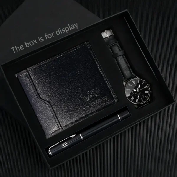 مجموعة ساعة أعمال رجالية عصرية ومحفظة وقلم، هدية