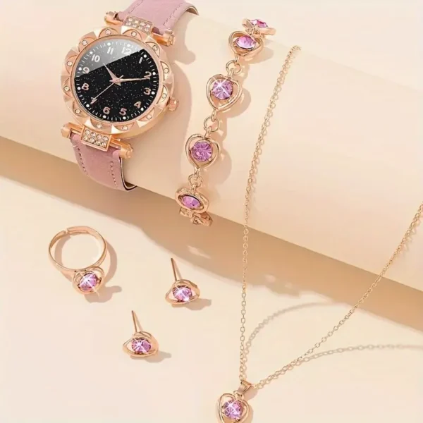 مجموعة أنيقة من 6 قطع للساعات الكوارتز النسائية ومجوهرات على شكل قلب - حجر الراين اللامع، حزام جلد صناعي،