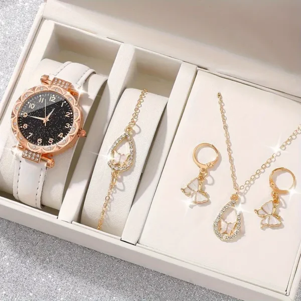 5 قطعة/المجموعة/مجموعة ساعة نسائية لامعة من حجر الراين ساعة كوارتز تناظرية من جلد