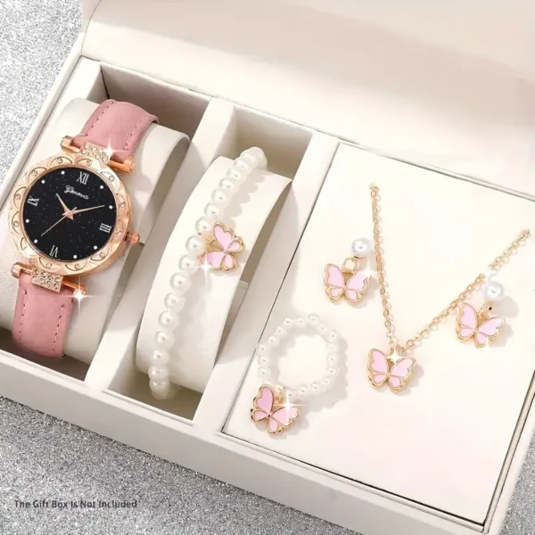 طقم ساعة كوارتز ومجوهرات نسائية أنيقة من 6 قطع بتصميم فراشة