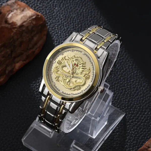 ساعة رجالية من الفولاذ المقاوم للصدأ مع شريط كوارتز، ساعة يد رجالية من زودياك مع قرص تنين وشاشة خلفية شفافة، مقاومة للماء