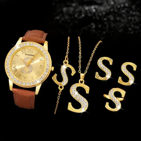 6pcs/set ساعة نسائية فاخرة بالراينستون ساعة كوارتز حرف S ساعة معصم أنيقة ومجموعة مجوهرات