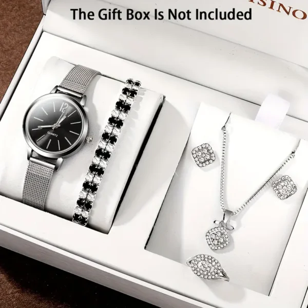 مجموعة ساعة نسائية عصرية مكونة من 6 قطع ومجوهرات مع تزيينات من الراينستون، مقاومة للصدمات، حركة يابانية كوارتز،