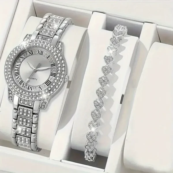 طقم مكون من 2 قطعة ساعة نسائية أنيقة فاخرة مرصعة بالراين، وسوار، ساعة تناظرية متألقة مع سوار وحافة من سبيكة الزنك المتينة