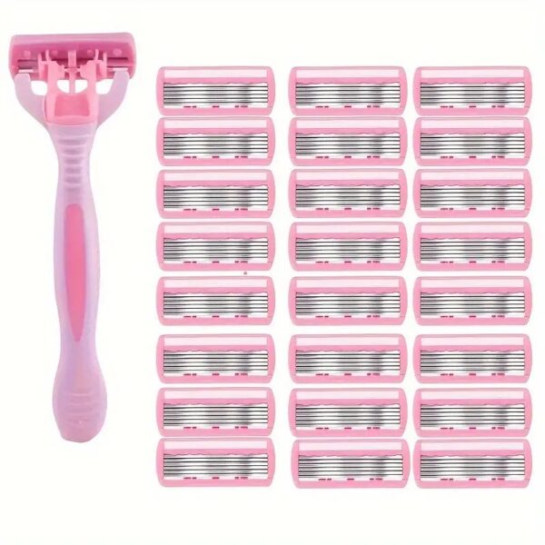 شفرات حلاقة آمنه مكونة من ٢٤ شفرة + مقبض قابل لإعادة الأستخدام مقاومة للماء، خالية من العطور، مناسبة لإزالة شعر الجسم