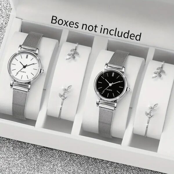 مجموعة من 4 قطع من ساعات اليد النسائية العصرية المصنوعة من الكوارتز مع سوار وعلبة دائرية وسوار وعلبة من السبائك المعدنية، غير لاسلكية، بطارية غير قابلة لإعادة الشحن، بطارية زر (قطر < 20 مم)