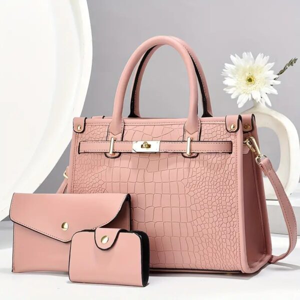 طقم حقائب يد نسائية أنيقة من 3 قطع بنقشة التمساح - حقيبة توت، كروسبودي وكلاتش مع حزام قابل للفصل، جلد صناعي ،، لون القرنفل فقط