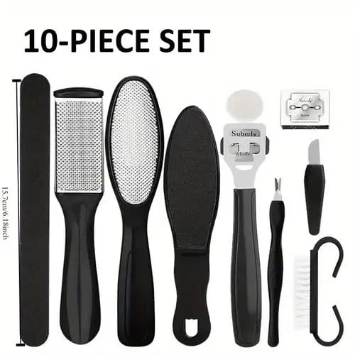 مجموعة العناية بالقدم المثالية 10 قطع: أدوات باديكير من الفولاذ المقاوم للصدأ ذات وجهين مع مزيل الجلد الميت وفرشاة التقشير - مثالية لأقدام ناعمة