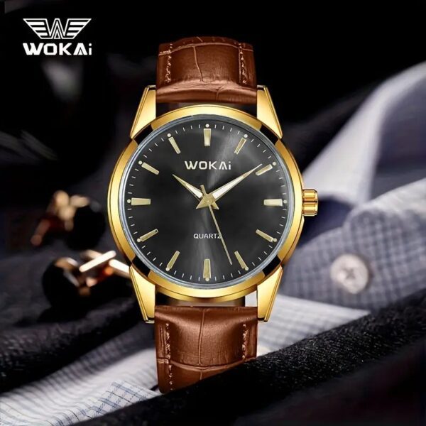 ساعة رياضية للرجال من WOKAI، تعرض الوقت العالمي بحركة إلكترونية وعرض بالإبرة، حزام من الجلد الصناعي، علبة من البلاستيك - ساعة يد عملية للأعمال الرسمية
