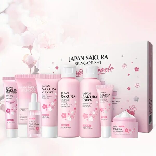 مجموعة للعناية بالبشرة للنهار والليل مجموعة هدايا للعناية بالبشرة بزهرة الساكورا من LAIKOU، تنظيف عميق للبشرة، ترطيب وتغذية للبشرة - للبشرة الجافة والمختلطة.