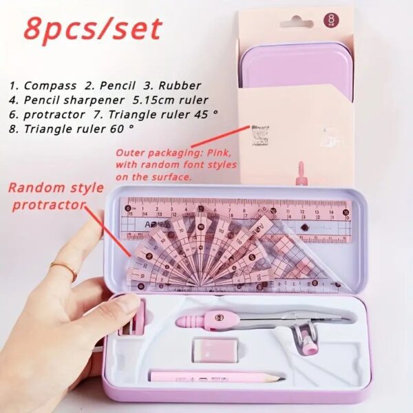 مجموعة الهندسة والرياضيات المكونة من 8 قطع للطلاب - تشمل مسطرة، بوصلة، قلم رصاص - هدية مثالية للوازم المدرسية للأولاد والبنات