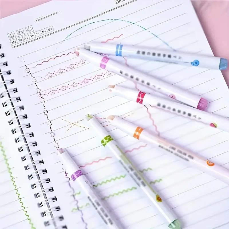 مجموعة من 6 أقلام تحديد بشكل زهرة متعددة الوظائف، جسم خفيف الوزن من البولي إيثيلين، شكل دائري مع غطاء قابل للفصل بالنقر، أنماط منحنية متنوعة للكتابة والتلوين - الصورة 2