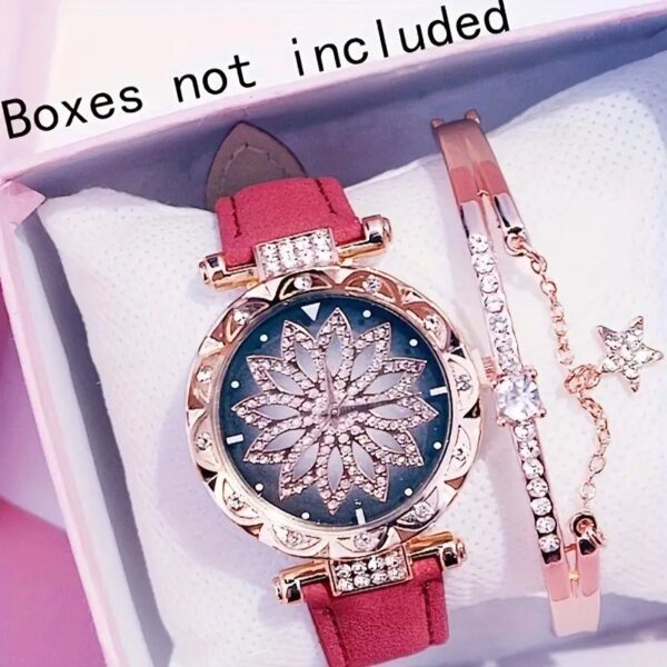 طقم ساعات نسائية 2 قطعة، ساعة معصم أنيقة بتصميم عصري مع إكسسوارات، حزام من الجلد الصناعي، صندوق من السبيكة