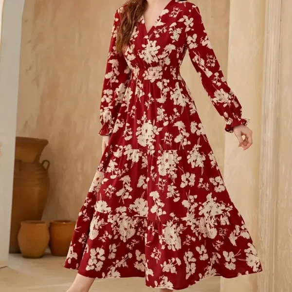 فستان خط A بطباعة زهرية مع حافة مكشكشة، فستان أنيق برقبة متقاطعة وأكمام طويلة وخصر مجمع لفصل الخريف، ملابس نسائية