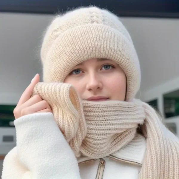 مجموعة قبعة محبوكة بتصميم ملتوي مع وشاح، سماعات بوليستر، غسيل يدوي، مقاس قابل للتمدد، قبعة محبوكة للشتاء مع غطاء للرقبة