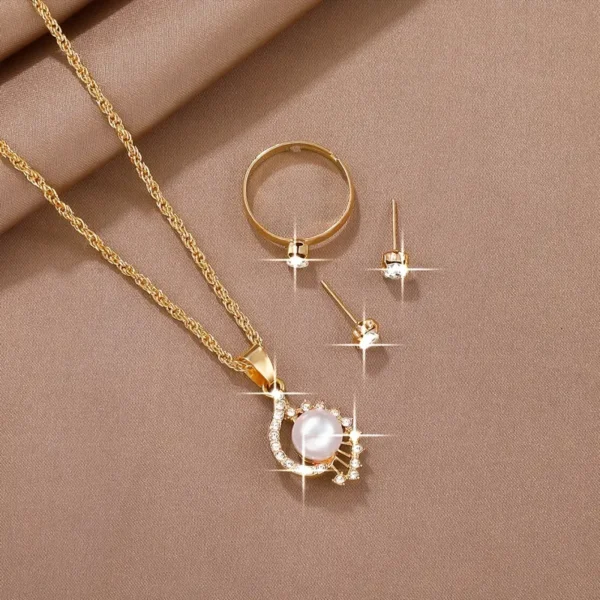 مجموعة مجوهرات عصرية مكونة من 4 قطع للنساء - سبيكة غير مطلية مع بطانة بلاستيكية، قلادة متعددة الاستخدام، أقراط وخاتم للارتداء اليومي