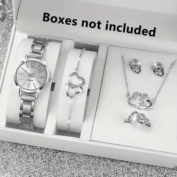 ساعة نسائية كوارتز عصرية من 6 قطع بعلبة سبيكة دائرية - مجموعة مجوهرات على شكل قلب أنيقة، طقم مينا بسيط وأنيق، سوار سبيكة غير، مثالي للعمل والمناسبات الخاصة