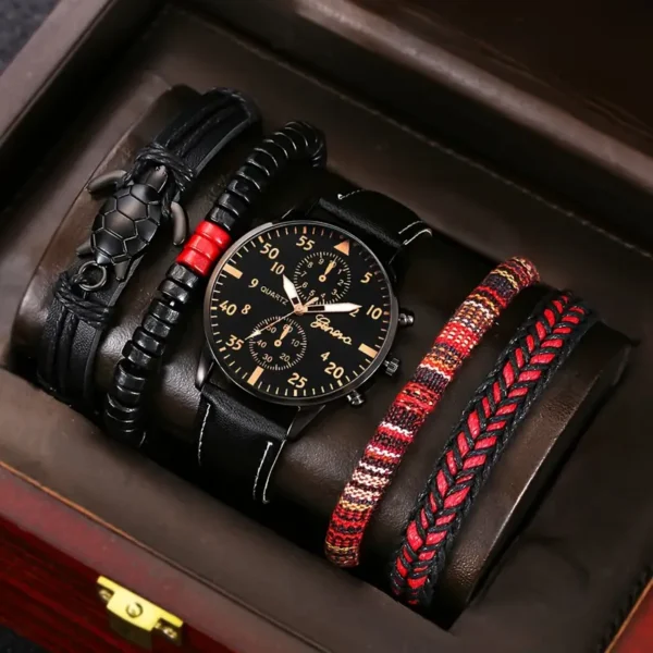 طقم ساعة وأساور رجالي من 5 قطع - أسلوب عمل كاجوال مع حركة كوارتز، حزام جلد صناعي، وأساور مضفرة بخرز مع تعليقة سلحفاة