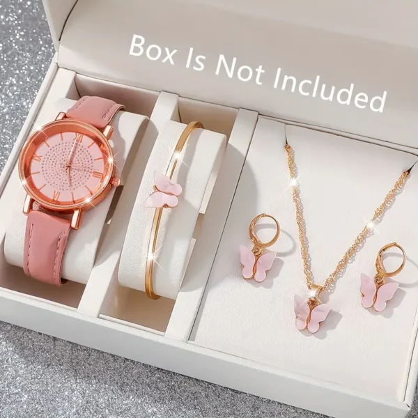 مجموعة أنيقة من 5 قطع: ساعة كوارتز ومجوهرات فراشة مع مينا الراين، حزام جلد صناعي
