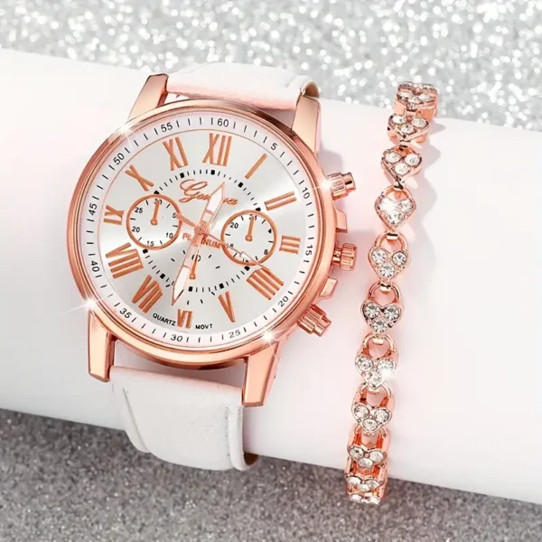 خصم 70 % مجموعة ساعات كوارتز أنيقة من قطعتين للنساء مع أحزمة جلد صناعي - أرقام رومانية أنيقة، بطارية غير قابلة للشحن، هيكل سبيكة