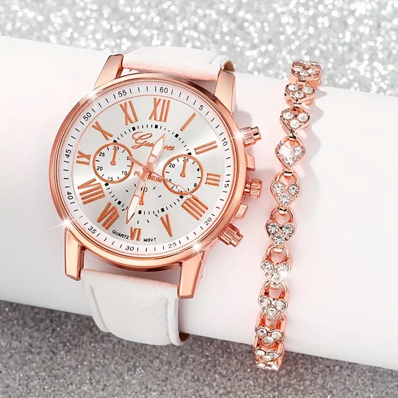 خصم 70 % مجموعة ساعات كوارتز أنيقة من قطعتين للنساء مع أحزمة جلد صناعي - أرقام رومانية أنيقة، بطارية غير قابلة للشحن، هيكل سبيكة