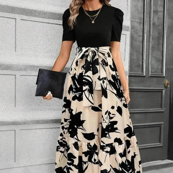 فستان بطباعة زهرية بفتحة رقبة مستديرة، فستان أنيق بطول الكاحل مع ربطة عند الخصر على شكل حرف A لفصل الربيع والصيف، ملابس نسائية