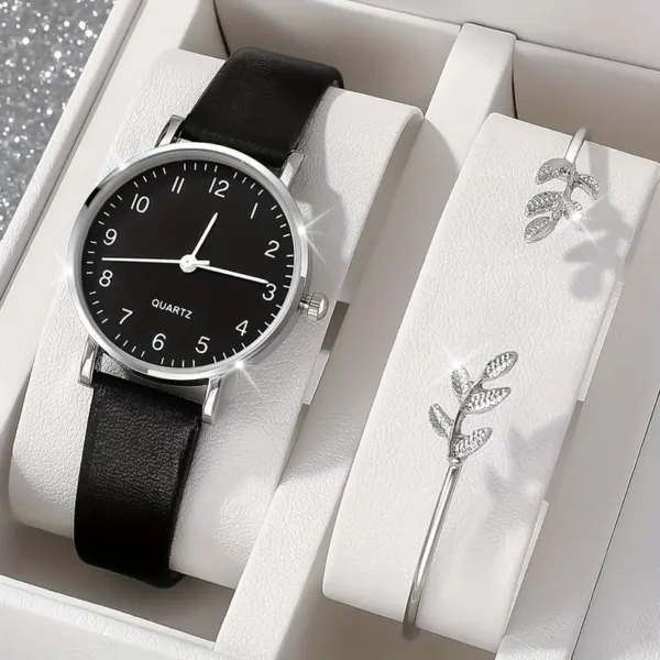 مجموعة ساعات كوارتز نسائية أنيقة من قطعتين مع سوار على شكل ورقة - هيكل دائري بسيط من سبيكة، حزام جلد صناعي