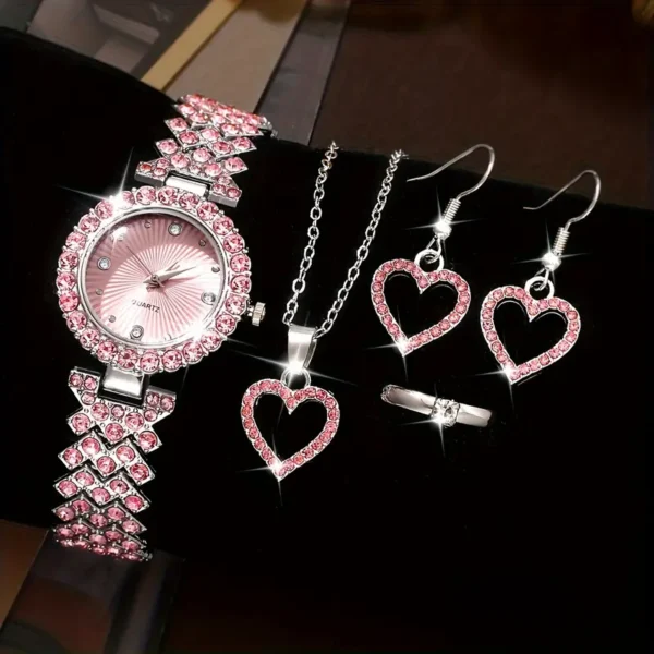 مجموعة ساعة كوارتز وردية مكونة من 5 قطع مع مجوهرات على شكل قلب، نمط لطيف، علبة مستديرة، حزام وسوار من سبائك الزنك