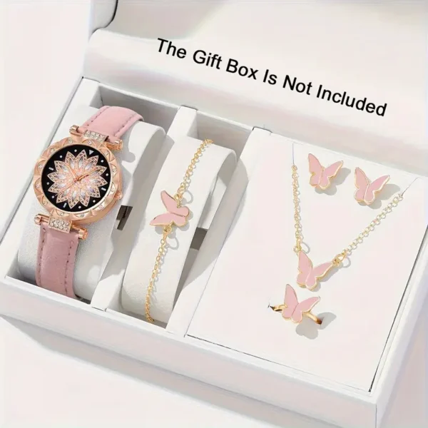 مجموعة ساعة ومجوهرات نسائية مكونة من 6 قطع - ساعة معصم بشكل دائري بميزة توقيت وحزام من جلد PU وعلبة من سبيكة الزنك، تتضمن قلادة فراشة وسوار